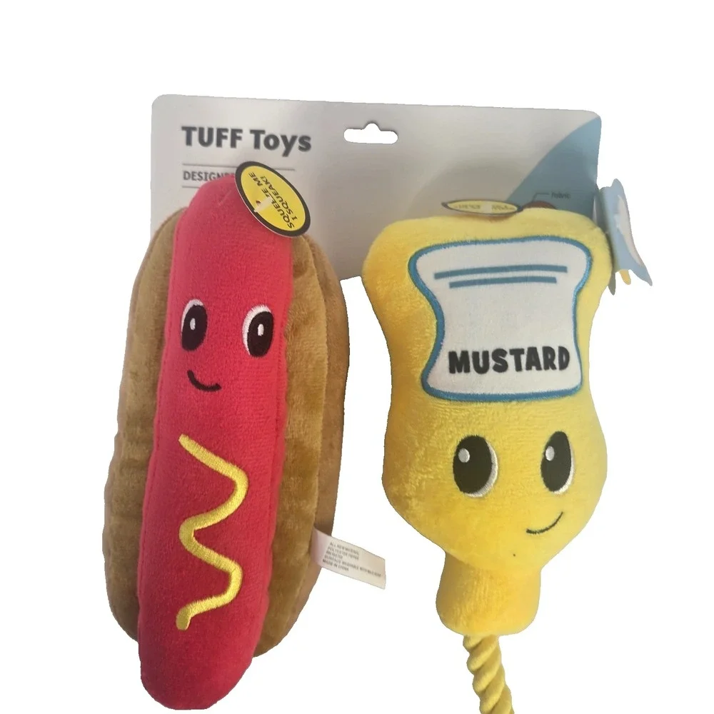 TUFF Toys Hot Dog Mustard Dog Toys 2 Piece Plush Squeaky Rope Toy Set New